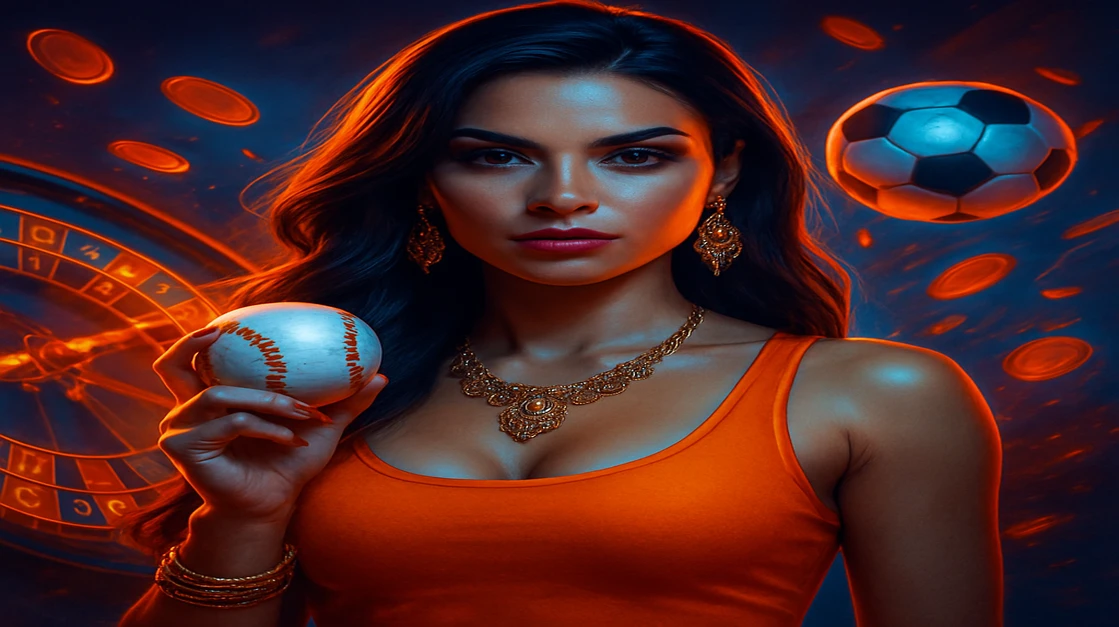 কমলা টপ পরা এক সাহসী নারী, ট্যাটুসহ, একটি বেসবল ধরে রয়েছেন; চারপাশে joy9 এর খেলার উপকরণ-চক্র, ছোট চিপগুলো এবং উড়ন্ত ফুটবল ছড়িয়ে আছে।