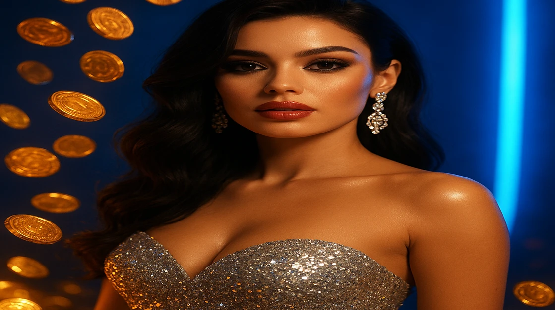 চমকপ্রদ পোশাক পরা এক গ্ল্যামারাস নারী, ভাসমান সোনার কয়েন ও জ্বলন্ত joy9–এর প্ল্যাটফর্ম-থিমা পটভূমি সহ।