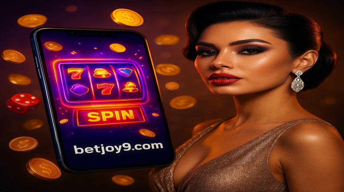 joy9 গেমিং প্ল্যাটফর্মে একটি স্টাইলিশ নারী স্মার্টফোন হাতে ধরে স্ক্রিনে বিনোদনমূলক একটি গেম দেখাচ্ছেন; চারপাশে ঘূর্ণমান কয়েন ও ডাইস ছড়িয়ে আছে.