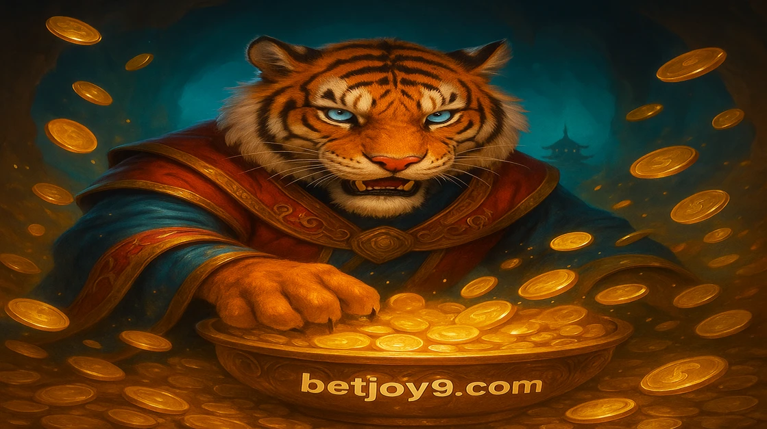 joy9 এর জন্য ডিজাইন করা রঙিন নকশাযুক্ত লাল পোশাক পরা বাঘটি স্বর্ণমুদ্রা আঁকড়ে ধরেছে; পটভূমিতে এশীয় মন্দির এবং চারদিকে সোনালি আলো ছড়িয়ে আছে।