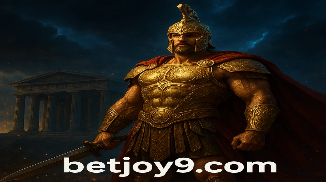 joy9 এর জন্য ডিজাইন করা সোনালি বর্ম ও লাল কেপ পরা পেশীবহুল গ্রীক দেবতা রাতের বেলায় জ্বলন্ত ওলিম্পাস মন্দিরের সামনে দাঁড়িয়ে আছে।